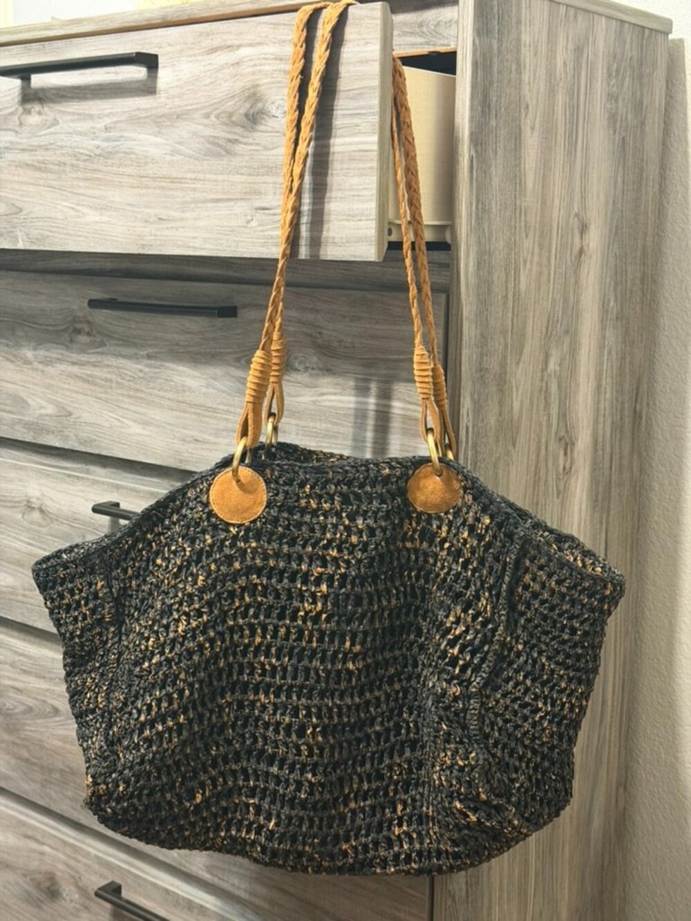 Free People Getaway Tote Woven Raffia Tote Braided Leather Handles
